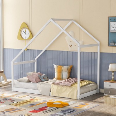 CAVINAS Twin/Full Size Small House Bed Frame,Modern Floor Bed for Kids Room,Bedroom
