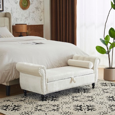 CAVINAS Modern Rectangular Velvet Ottoman Bench with 1 Pillow,Wooden Storage Ottoman for Living Room,Bedroom
