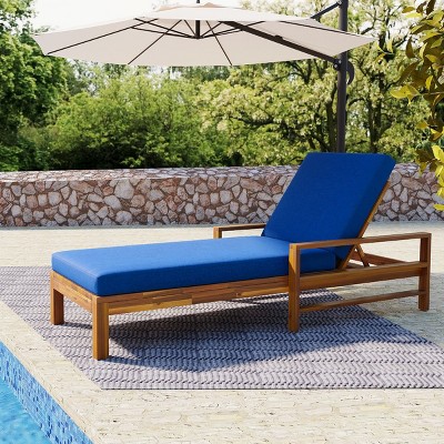Modern Outdoor Patio Chaise Lounge,Fabric Cushion Reclining Patio Garden Chair,Acacia Wooden Chaise Lounge with Adjustable Backrest-Coolbibila