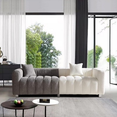 87.4'' Gray-White Velvet 3 Seater Sofa with Bubble Upholstery, Modern Upholstered Couch with Metal Legs and 2 Pillows for Living Room-Maison Boucle
