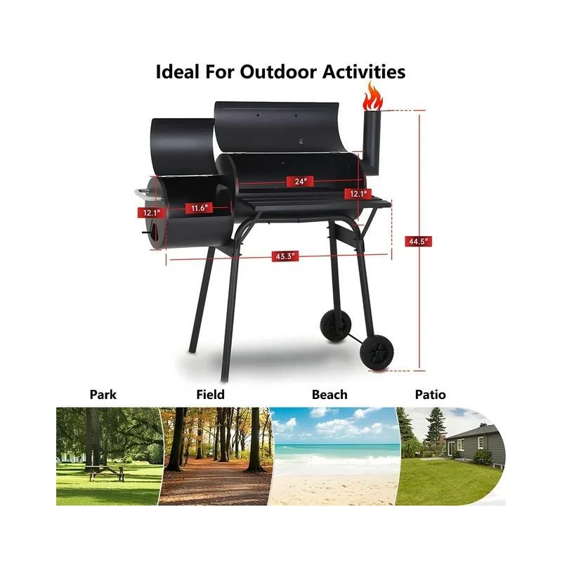 SUGIFT Outdoor Portable BBQ Charcoal Grill with Offset Smoker for Pit Patio Backyard, Black, 2 of 7