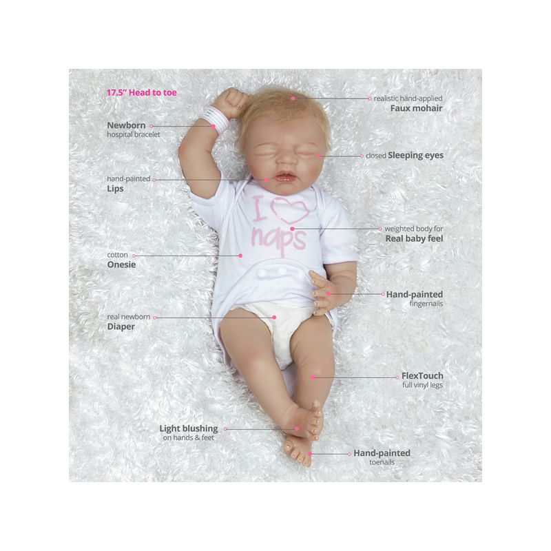 Paradise Galleries Reborn Baby Doll in Silicone Vinyl, 17.5 inch Sleeping Newborn Girl Baby Bundles: I Love Naps, 7-Piece Ensemble, 4 of 8
