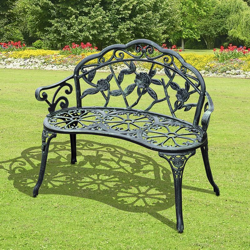 Outsunny Outdoor Bench, Cast Aluminum Outdoor Furniture, Metal Bench with Floral Rose Accent & Antique Finish, Green, 4 of 9