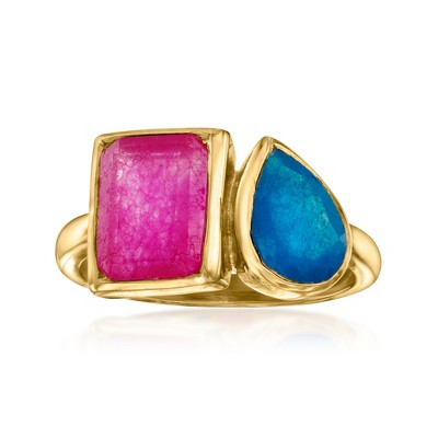 Ross-Simons 2.10 Carat Pink Quartz and 1.10 Carat Blue Quartz Toi Et Moi Ring in 18kt Gold Over Sterling Size 9
