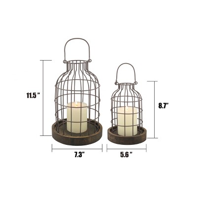 Rustic Brown Metal Wire Candle Lantern Set with Wooden Base