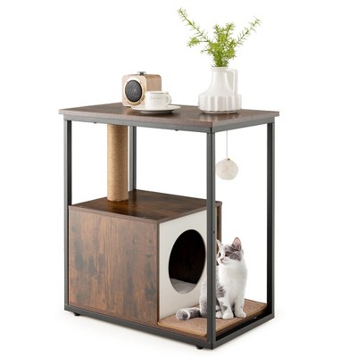 Tangkula Cat Furniture End Table w/ Scratching Post Removable Scratching Mat Living Room