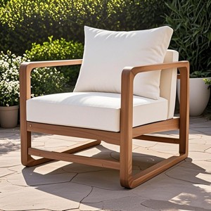 Outdoor Lounge Chair with White Cushions, Acacia Wood Club Chair with Oversized Seat, Patio Lounge Chair for Porch Balcony Deck-Coolbibila - 1 of 4