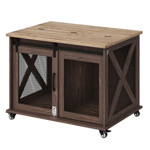 37" Dog Crate with Sliding Barn Door - Flip Top Wooden Kennel End Table on Wheels, Movable Divider Indoor Cage for Medium Dogs, Brown - 1 of 4