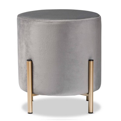 Luxe Grey Velvet and Gold Metal Round Ottoman