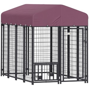 PawHut Outdoor Dog Kennel, Welded Wire Dog Run with 360° Rotating & 4 Levels Adjustable Bowls, Waterproof & UV Resistant Cover, 7.9' x 4' x 6' - 1 of 4