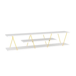 56" Wood Mid Century Modern TV Stand with 4 Open Shelves, Metal Cords, and Entertainment Centre for Living Room - 1 of 4