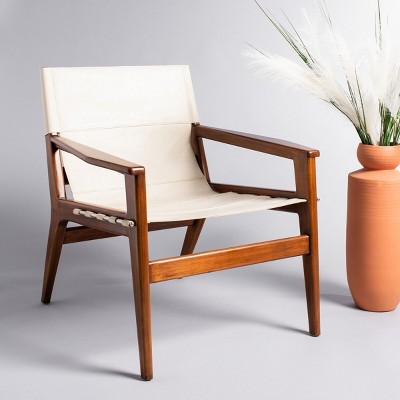 Culkin White Leather and Mahogany Wood Sling Chair