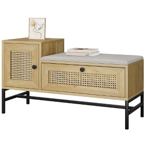 GustoWave Rattan Shoe Bench with Storage, Entryway Bench with Flip Drawer Shoe Cabinet, Show Storage Bench for Hallway and Bedroom, Natural Oak - 1 of 4