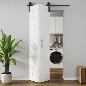Solid Core White Finished Pine Wood Bi-fold Door with Hardware - 1 of 4