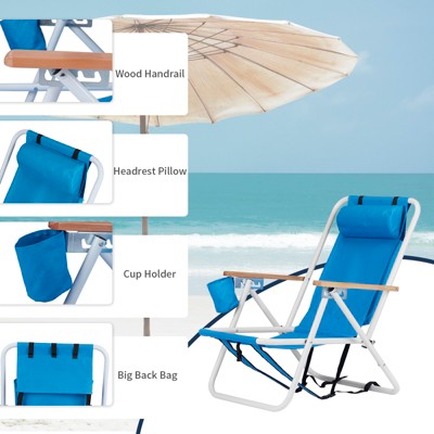 DOMETOUR Folding Beach Chair Set of 2 , 4 Position Portable Backpack Foldable Camping Chair with Headrest Cup Holder and Wooden Armrests Blue