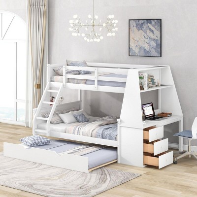 Streamdale Twin Over Full Bunk Bed With Trundle And Built-In Desk, Three Storage Drawers And Shelf