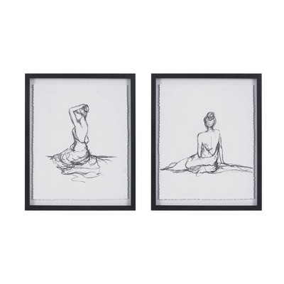 2pc Feminine Figures Deckle Framed Decorative Wall Art Black/White