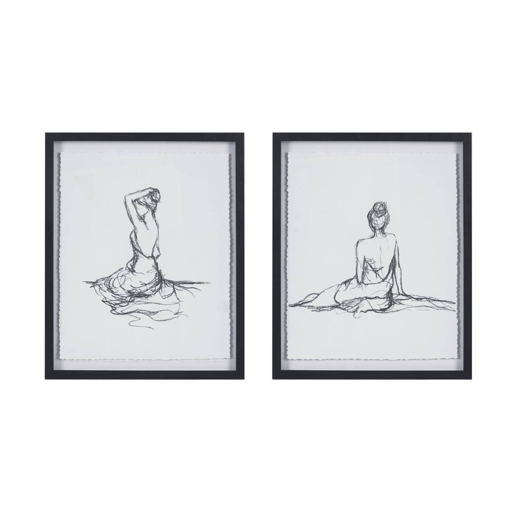 2pc Feminine Figures Deckle Framed Decorative Wall Art Black/White: Madison Park, Modern Elegance, 17x21"