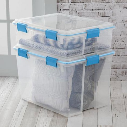 Sterilite 80 Qt Gasket Box, Stackable Storage Bin with Latching Lid and  Tight Seal Plastic Container to Organize Basement, Clear Base and Lid,  12-Pack