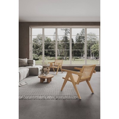 Set of 2 Natural Wood and Cane Accent Chairs