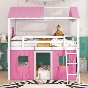 NicBex Full Size Bunk Bed Roof Shape Loft Bed Pine Bed Frame with Windows, Sills, Tent, Inclined Ladder and Guardrail, No Box Spring Required - 1 of 4