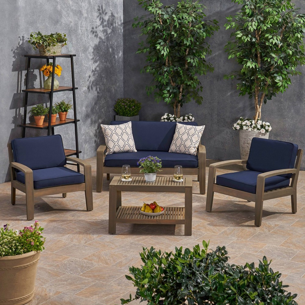 4pc Grenada Acacia Patio Chat Set with Sunbrella Cushions Gray/Navy – Christopher Knight Home  – Patio Furniture​
