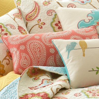 Coral Embroidered Cotton Paisley Rectangular Pillow 12x24