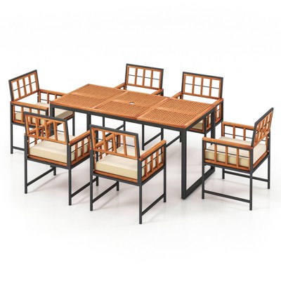 Tangkula 7PCS Dining Set Outdoor Acacia Wood Table w/ Soft Cushions Umbrella Hole Patio
