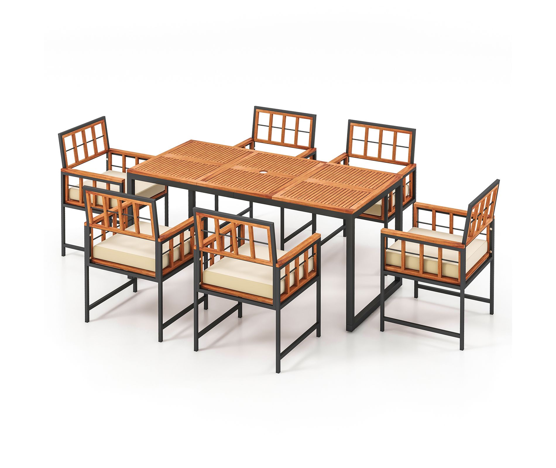 Tangkula 7PCS Dining Set Outdoor Acacia Wood Table w/ Soft Cushions Umbrella Hole Patio