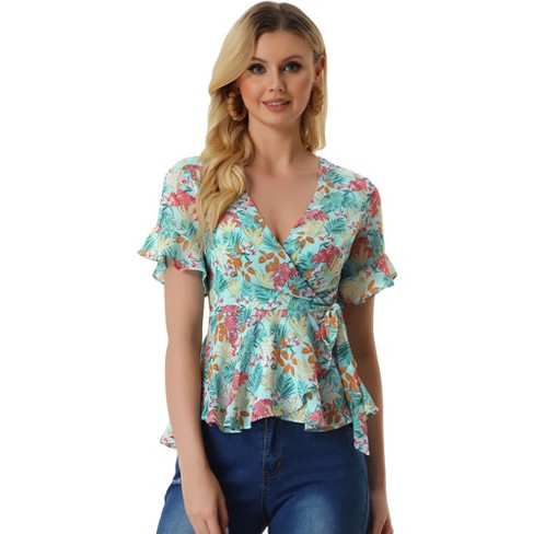 Allegra K Women's Tropical Floral Print Tie Waist V Neck Short Sleeve  Peplum Wrap Top Mint Green X-Large