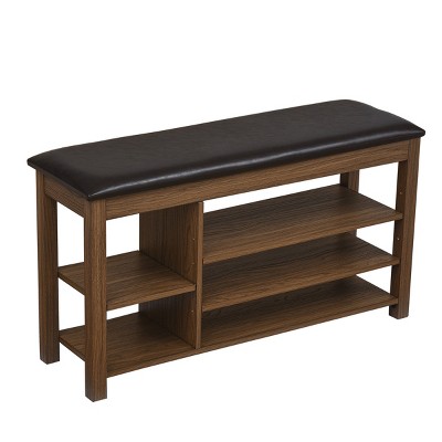 GlasFlength Shoe Racks 3 Tier Shoe Bench Entryway with Cushion Wood Bench with Shoe Storage for Entryway, Brown, 39.5"*12"*22"