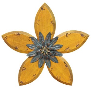 14.75" x 13.98" Antique Flower Wall Decor Yellow/Teal - Stratton Home Décor: Rustic Botanical MDF & Metal Art - 1 of 4