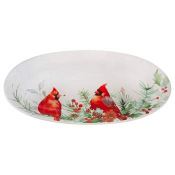 AuldHome Design Cardinal Ceramic Christmas Platter; Oval Holiday Serving Plate / Tray