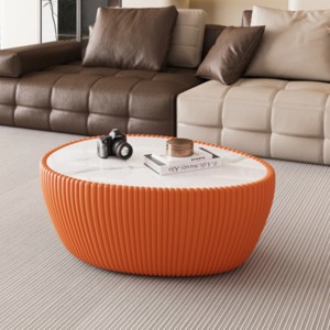 Modern Goose Egg Coffee Table with Marble Top and PU Leather Base, Stylish Sofa Table for Living Room, Office, or Apartment – The Pop Home - 1 of 4
