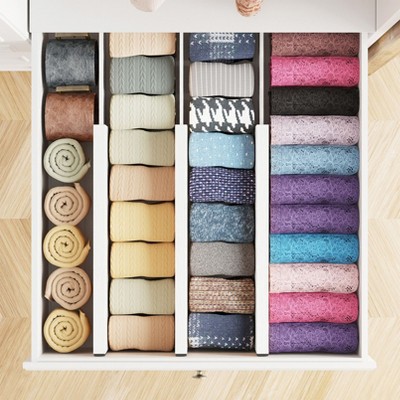 White Bamboo Adjustable Drawer Dividers, 4.65" High, 12.5"-17" Expandable, 6-Pack