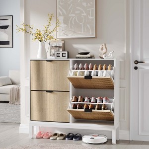 4 Flip Drawers Modern Fluted Shoe Cabinet， Narrow Shoe Storage Cabinet, - 1 of 4
