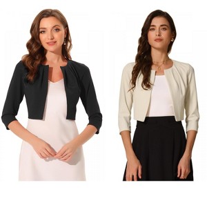 INSPIRE CHIC Women's 3/4 Sleeve Collarless Pleated Open Front Cropped Cardigan 2 Packs - 1 of 4