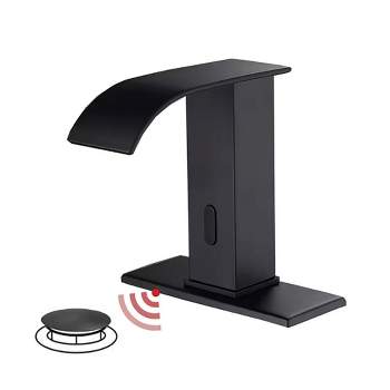BWE DC Battery Powered Touchless Bathroom Faucet Sensor Deck Mount With Drain Kit In Matte Black