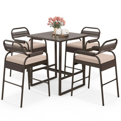 Tangkula 5-Piece Patio Rattan Counter Set Counter Height Square Table w/ 4 Wicker Counter Stools