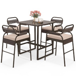 Tangkula 5-Piece Patio Rattan Counter Set Counter Height Square Table w/ 4 Wicker Counter Stools - 1 of 4