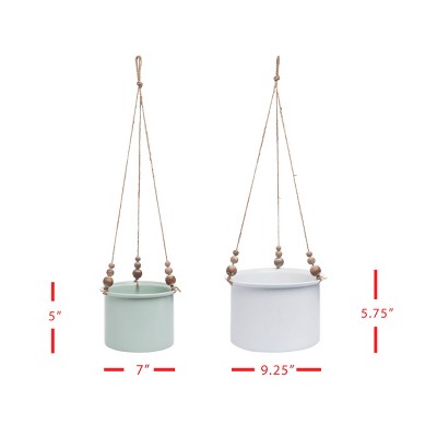 Set of 2 Green and White Metal Hanging Planters with Wood Beads