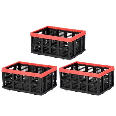 Magna Cart 63L (16.6 Gal) Collapsible Milk Crate, Stackable Plastic Storage Bin, Lightweight, Heavy Duty Crate Holds 55lbs, Black / Red