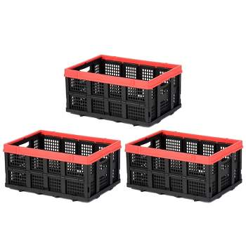 Magna Cart Tote 22" x 16" x 11" Lightweight Collapsible and Stackable Plastic Storage Crate for Home Offices and Garages, Black/Red (3 Pack)
