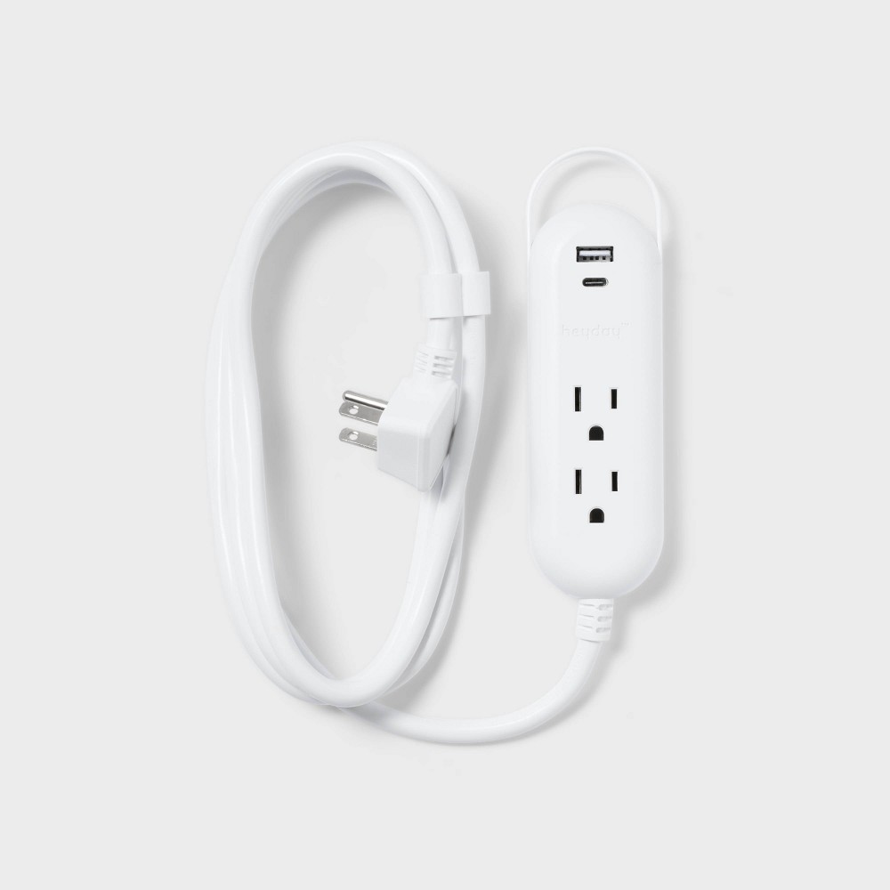 6' 2-Outlet Indoor Extension Cord with USB and USB-C Ports White - heyday™: Flat Plug, 16 AWG, 13A, 6ft Length