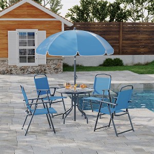 6 Pieces Outdoor Dining Set With Umbrella, Patio Table and 4 Folding Chairs With Umbrella, Garden Patio Furniture Set With Umbrellas, Tempered Glass - 1 of 4