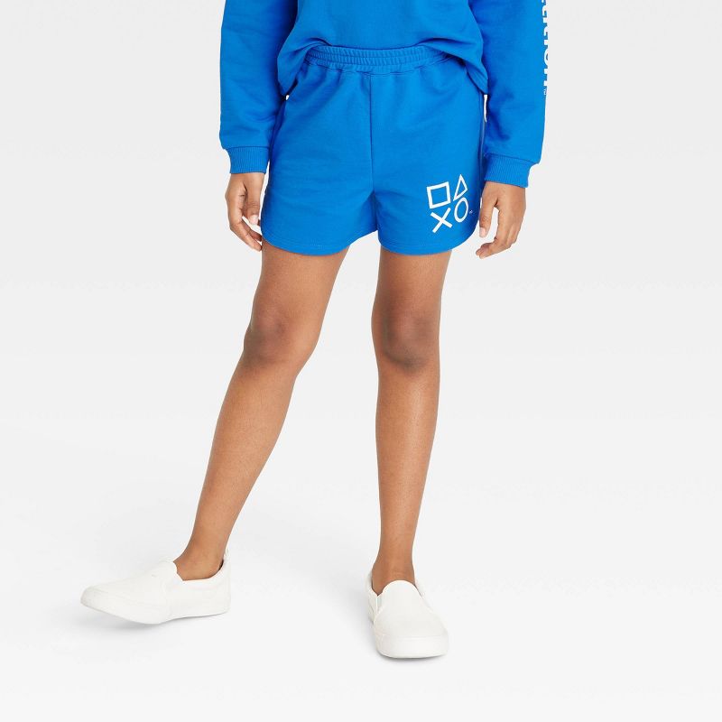 Girls&#39; PlayStation Dreamy Fleece Jogger Shorts - Light Blue, 1 of 4