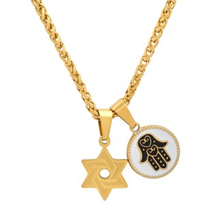 Steeltime 24" Men's 18k gold plated stainless steel Star of David and Navy Blue/White enamel hamsa round pendants - 1 of 4