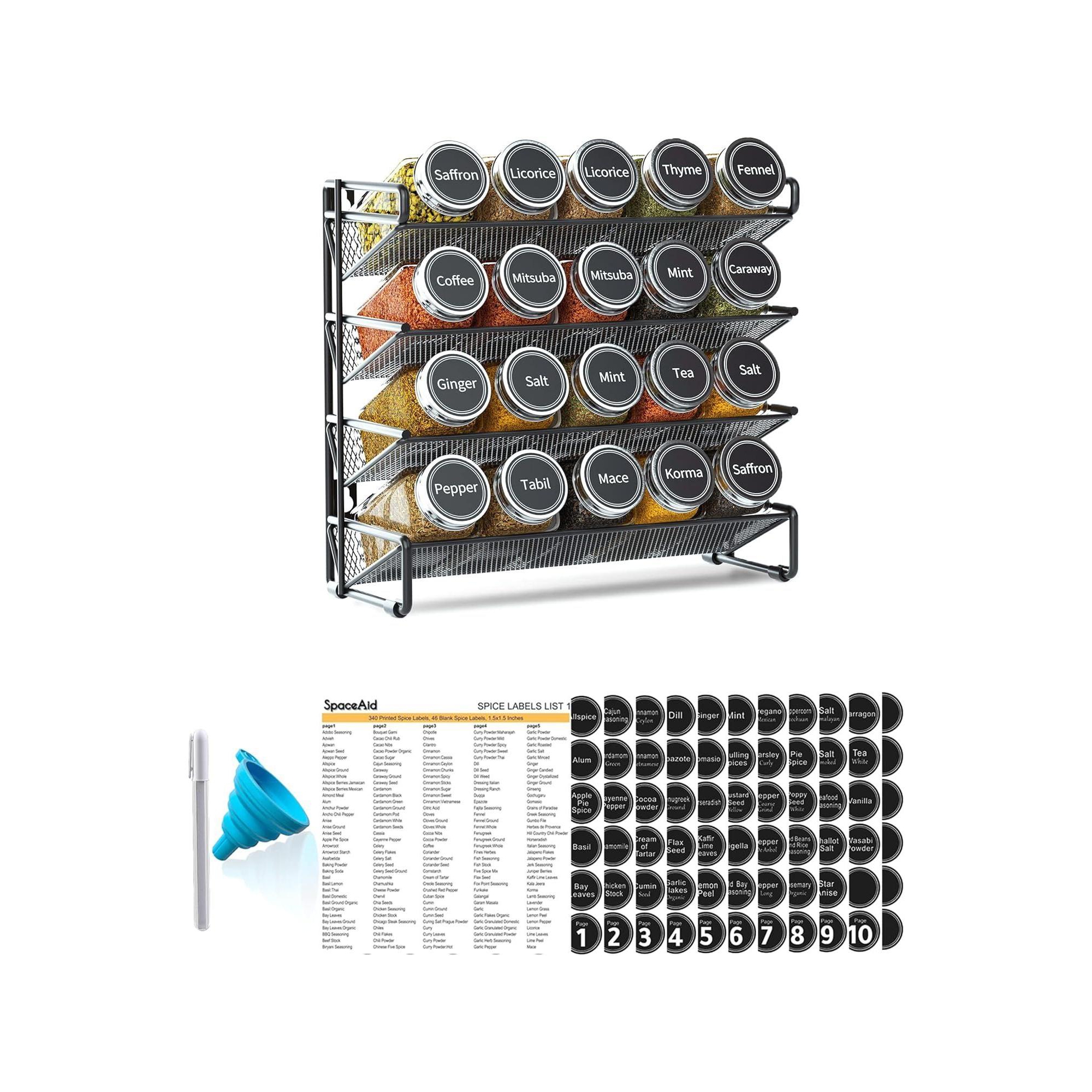 Spice Rack Organizer with 20 Jars, 386 Labels, for Cabinet, Countertop, Pantry or Wall Mount