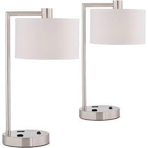 360 Lighting Colby Modern Desk Lamps 21" High Set of 2 Brushed Nickel with USB and AC Power Outlet in Base White Linen Drum Shade for Bedroom Office - 1 of 4