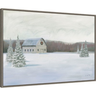 Holiday Winter Barn Oil Painting on Canvas with Greywash Frame